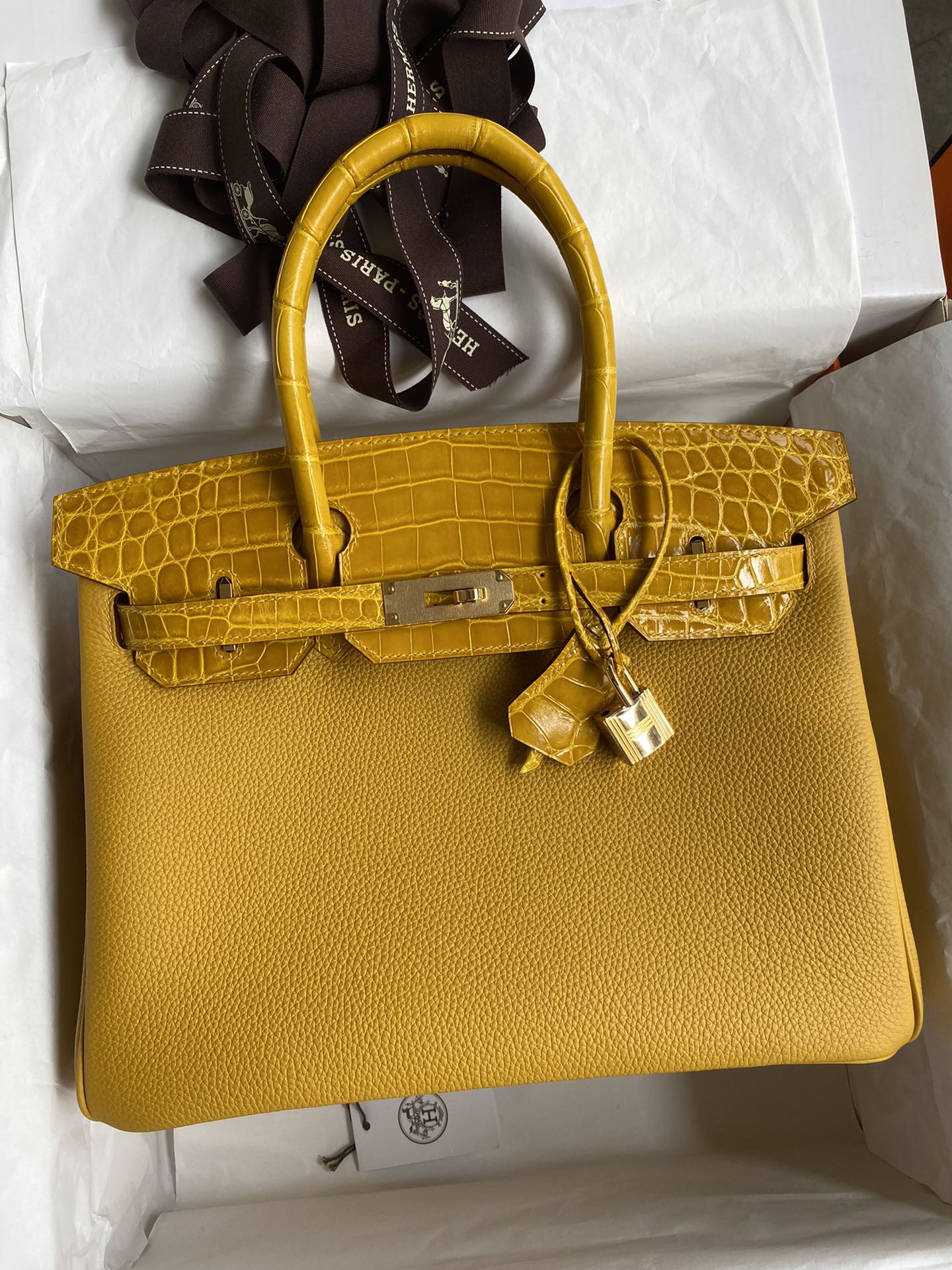 Hermes Touch Birkin 30CM Handbag In Yellow Clemence and Shiny Niloticus Crocodile Skin